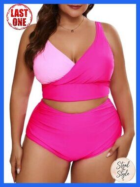 Plus Size High Waisted Bikini Set V Neck Sporty Two Piece Swimsuits for Women